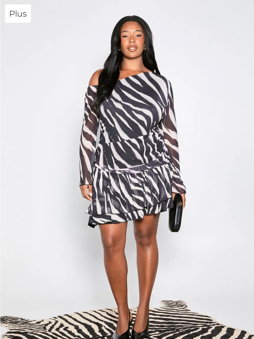 Boohoo Black & White One-Shoulder Zebra Ruffle Dress